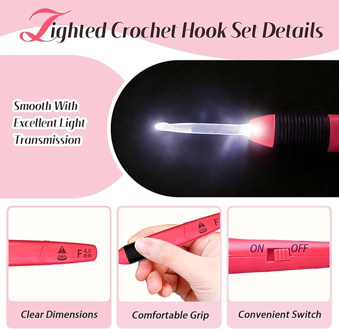 Yarniss Lighted Crochet Hook,4.0mm Crochet Hook Glow in Dark with Battery,Dark Red