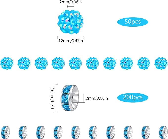 LAIDANLA 250pcs 12mm Blue Rhinestone Beads and 8mm Rondelle Spacer Beads for Beaded Pens, Sparkly Shamballa Disco Baseball Bead for Bracelets Making Necklaces Earring DIY Craft