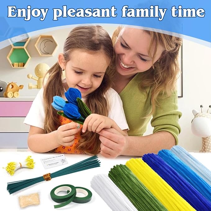 985-Piece Jumbo Size Premium Muti-Color Pipe Cleaner Craft Kit with Floral Supplies - Chenille Stems, Flower Wires, Stamens & Video Tutorial for Wedding Decorations (Blue White Set, Jumbo Craft Set)