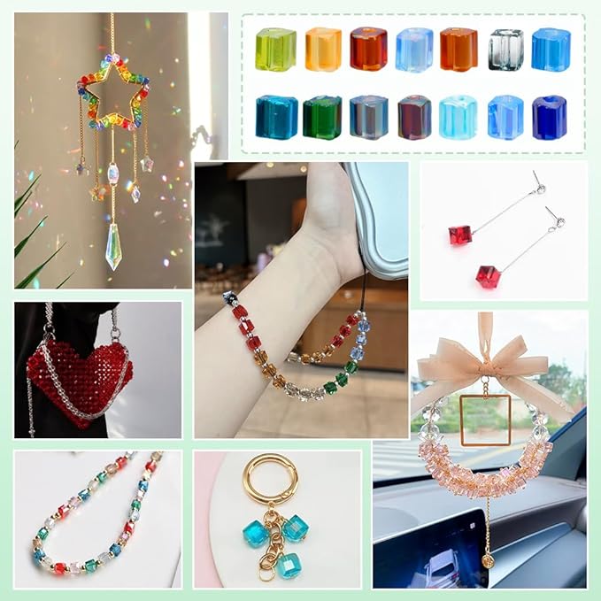 PH PandaHall 1400pcs 3mm Cube Glass Seed Beads Kit 14 Colors Transparent Colours Rainbow Crystal Square Beads Small Bead Cube Mini Bracelet Bead for Bracelets Earring Making Supplies
