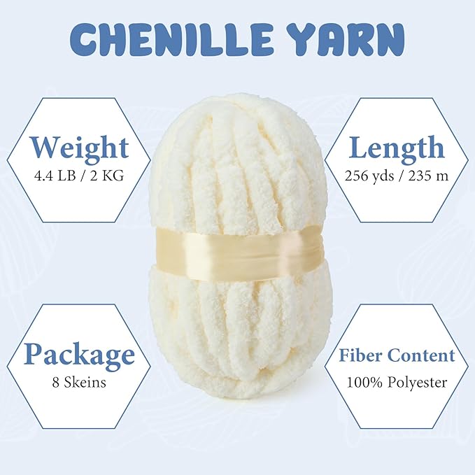 Chunky Yarn for Hand Knitting, Jumbo Chunky Yarn for Crocheting, Chunky Chenille Yarn, 8 Pack (32 yds 8.5 oz Each Skein),#7, Cream