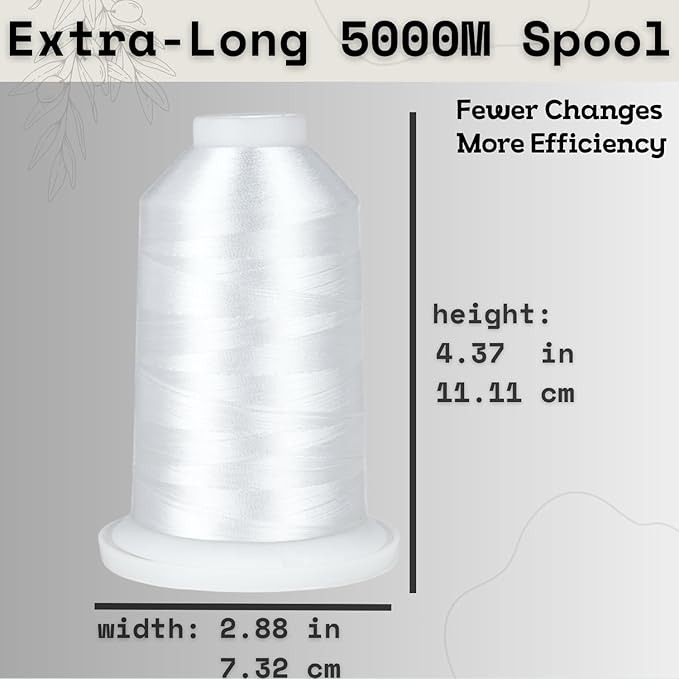 Simthread Trilobal Polyester Thread – 5000M (5500yds) No.40 – Super Sheen, Tangle-Free – Built-in Thread Lock Spool – Compatible with Brother, Singer, Janome & More, White-001