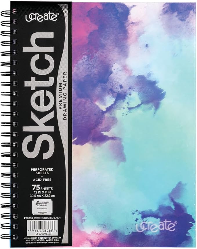 UCreate Fashion Poly Sketch Book, Watercolor Splash, 9" x 12", 1 Count