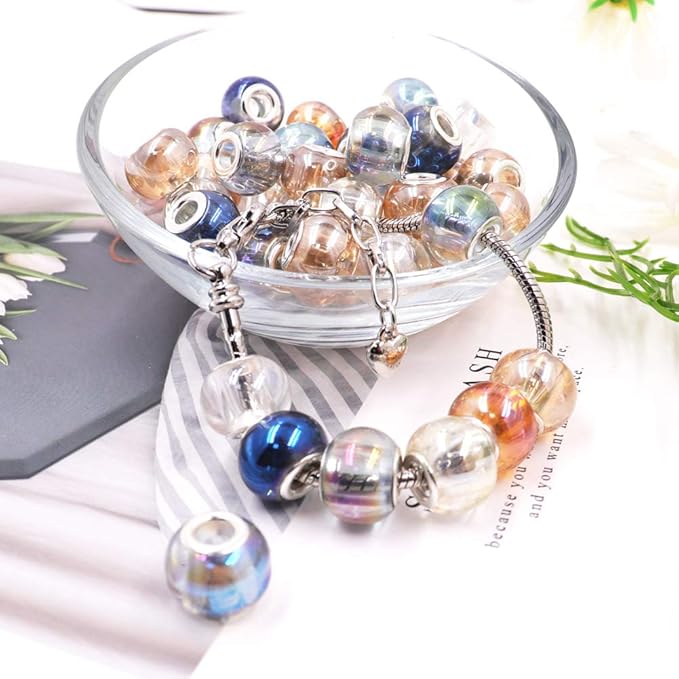 AIPRIDY 100Pcs 15x11mm Painting Murano Large Hole Glass Beads Mix Color with Silver Brass Cores European Charm fit Bracelet Necklace (Plating Rainbow)