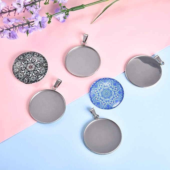 DROLE 40Pcs 30mm Stainless Steel Bezels and Cabochons - 20Pcs 30mm Cabochon Pendant Trays with Necklace Clasp and 20Pcs 30mm Rond Glass Cabochons for Cameo Jewelry