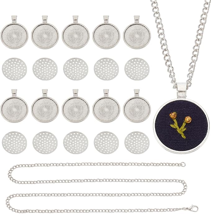 GOMAKERER 10 Sets Round Bezel Pendant Trays, 1 Inch Pendant Blank Frame for Embroidery Alloy Tray Charms Bulk DIY Jewelry Making Kit for Necklace DIY and Crafts Projects, Antique Silver