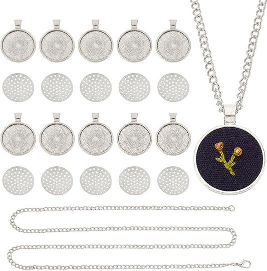 GOMAKERER 10 Sets Round Bezel Pendant Trays, 1 Inch Pendant Blank Frame for Embroidery Alloy Tray Charms Bulk DIY Jewelry Making Kit for Necklace DIY and Crafts Projects, Antique Silver