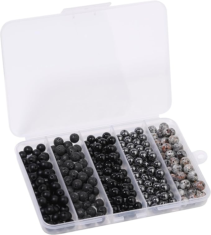 Songxi 300PCS Black Stone Beads Bracelet Making Kit, 8mm Round Loose Crystal Gemstone & Glass Beads for DIY Jewelry Making