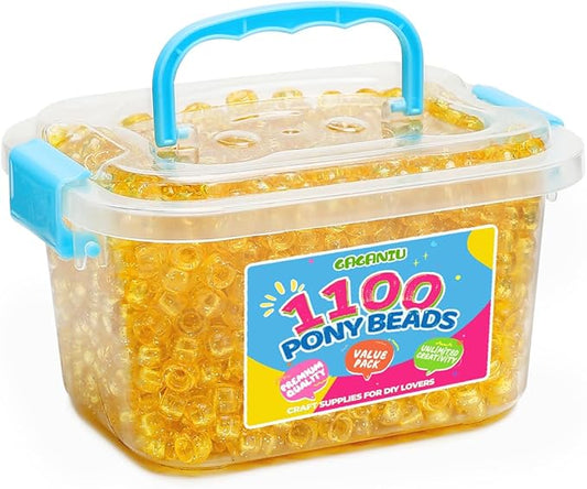 gaganiu pony beads 1100+ pcs – glitter yellow plastic kandi beads in jar for bracelets, hair braids, jewelry making & diy crafts