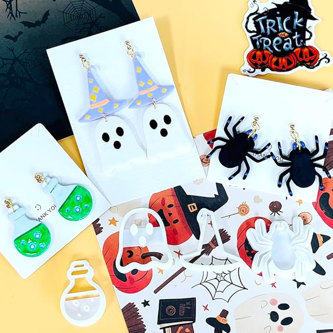 Xaekicr Halloween Polymer Clay Cutters Set – 8Pcs Halloween Clay Earring Cutters with Ghost, Witch Hat, Bat, Spider – Polymer Clay Molds & Clay Tools for DIY Jewelry