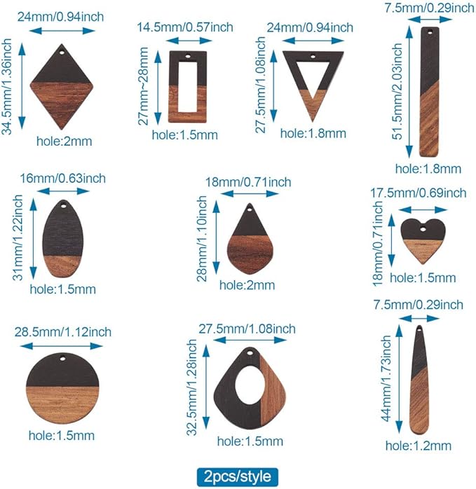 Beadthoven 20pcs/10 Pairs Black Natural Wood Resin Charms DIY Earrings Pendants Mixed Shapes Wooden Pieces Pendants for Statement Jewelry Making Findings