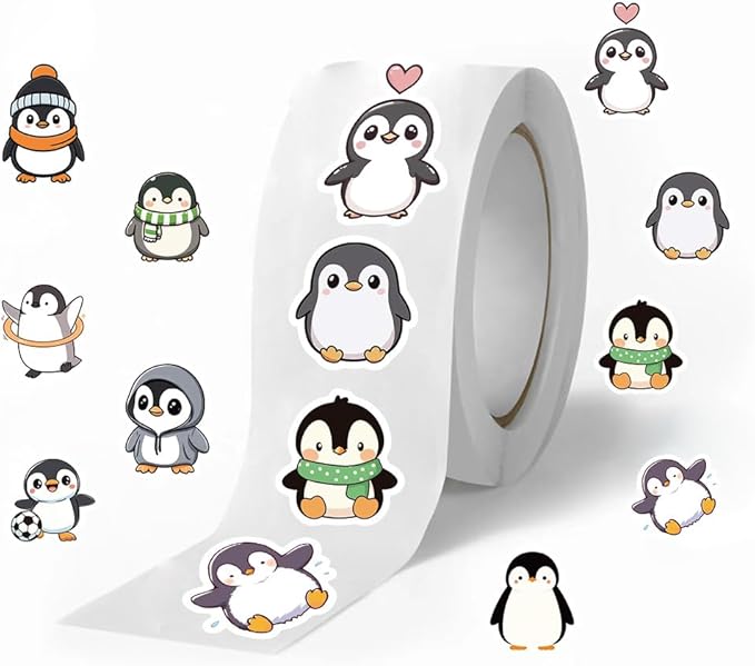 1000 pcs penguin stickers roll, 2 rolls 10 styles cute cartoon animal stickers for kids, teachers, school rewards, scrapbook, envelope seals, party favors, gift decorations