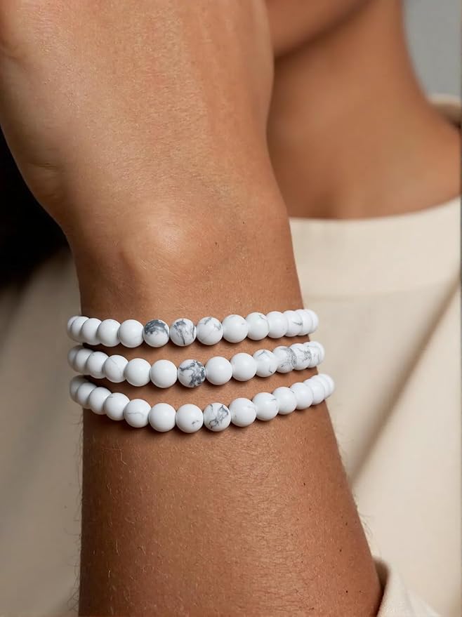 Stone Beads, 60pcs Matte White Howlite, 6mm Round Loose Beads for Jewelry Making, Bracelets, with Bag, String & Card
