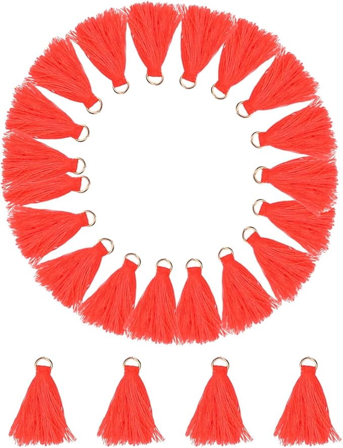 MSCFTFB 100 Pieces Mini Tassels Mala Tassel Kit with Jump Rings for Earring Necklace Jewelry Making Garland Keychain Charms Crafts Decorations(Orange Red)