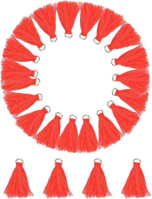 MSCFTFB 100 Pieces Mini Tassels Mala Tassel Kit with Jump Rings for Earring Necklace Jewelry Making Garland Keychain Charms Crafts Decorations(Orange Red)