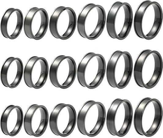 SUNNYCLUE 1 Box 6 Sizes 18Pcs Black Inlay Rings Stainless Steel Ring Blanks Kit Wide 6mm Metal Round Grooved Empty US Size 7/8/9/10/11/12 Finger Findings for Jewelry Making Craft Supplies Unisex Adult