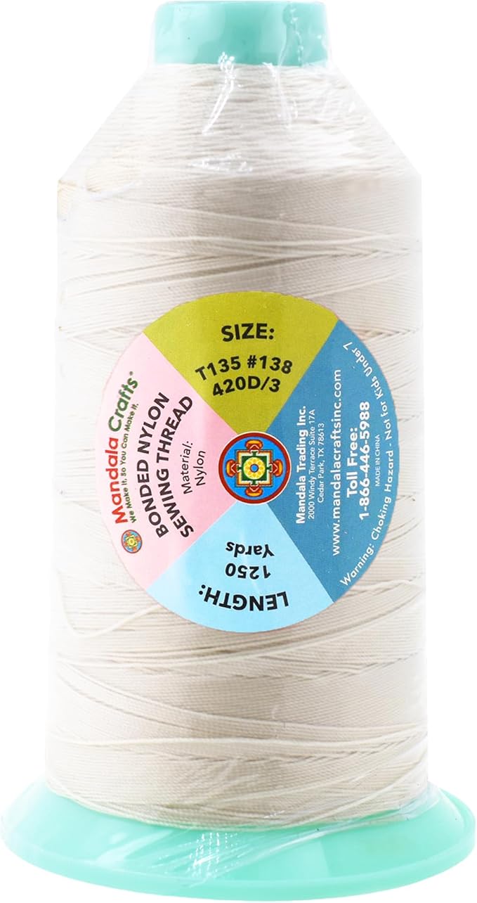 Mandala Crafts Size 138 420D T135 Bonded Nylon Thread - Off White 1250 YDs Tex 135 Heavy Duty Sewing Threads for Leather, Jeans, Weaving, Outdoor Marine Upholstery