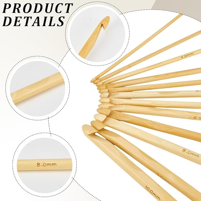 CALFOVERA 12PCS 5.9 Inch Single Point Bamboo Crochet Hooks Kit 12 Size Wooden Knitting Needles Bamboo Knitting Needles Set for Handmade DIY Making Sweater Yarn Projects(3 to 10mm)