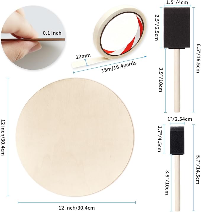 12 Inch Unfinished Wood Circles for Crafts, Wood Rounds Plaques for Cricut Crafts, Wooden Discs for Door Hanger Sign, Painting, Wood Burning, Christmas Home Décor(4Pcs Circle+Brush)