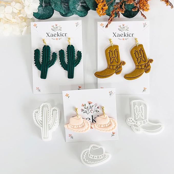 Xaekicr Western Theme Polymer Clay Cutters Set – 3PCS Cowboy Hat Boot Cactus Clay Earring Cutters, Polymer Clay Molds and Tools for DIY Jewelry Making
