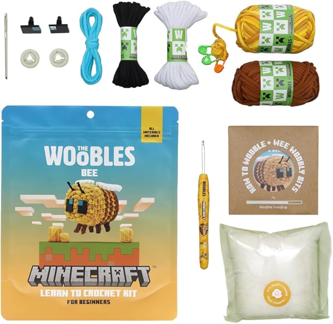 The Woobles Minecraft Crochet Kit – Beginner Crochet Kit for Adults and Young Crafters, Easy Knitting Kit with Woobles Yarn, DIY Crafts, Crochet Animals, Minecrafts, Gift for Gamers & Crafters (Bee)