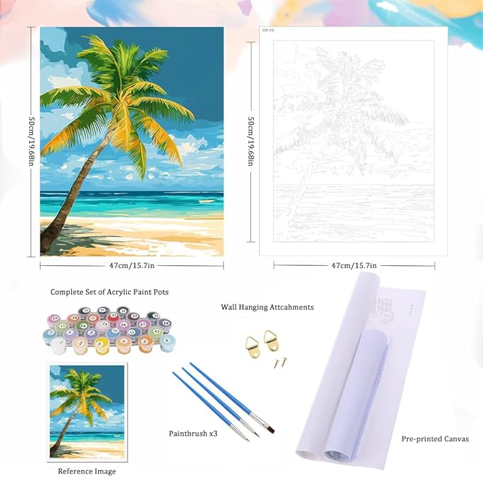 Natuyalo Paint by Numbers Kit for Adults Beginner, Coconut Tree Adult Paint by Number Kits on Canvas, Beach View DIY Acrylic Paint by Number for Adults for Home Decor Gift 16x20 Inch