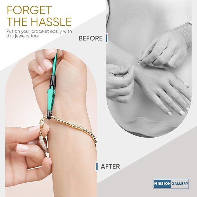 Mission Gallery Bracelet Helper Tool - Fastener Helper Tool for Bracelet, Necklace, Jewelry, Watch - Clip, Clasp Helper - Easy to Put on Yourself, Portable, Made of Metal, Teal