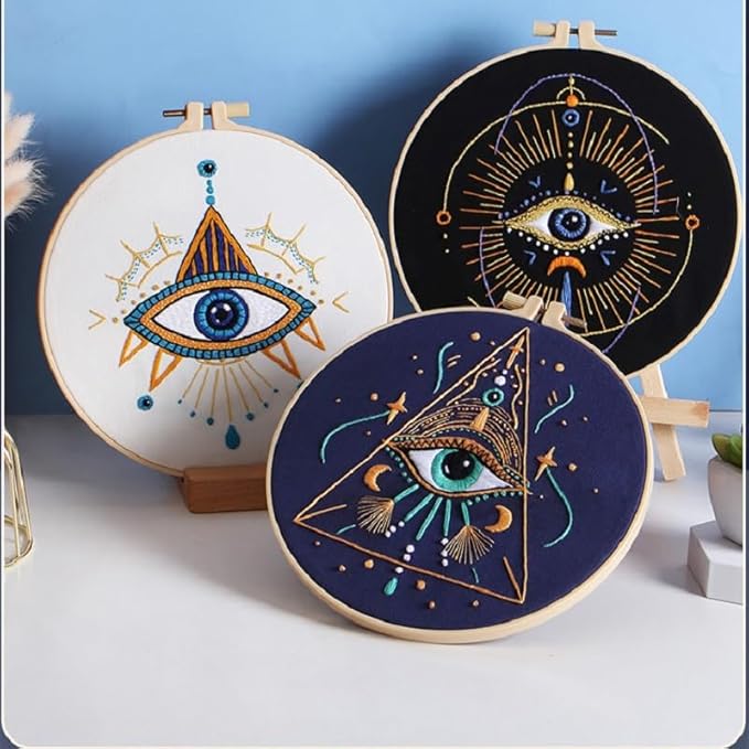 konrisa 3 pcs embroidery kits with tarot cards and eyes pattern, stamped embroidery starter kit for beginners adults needlepoint kits diy sewing cross stitch practice kit home decoration