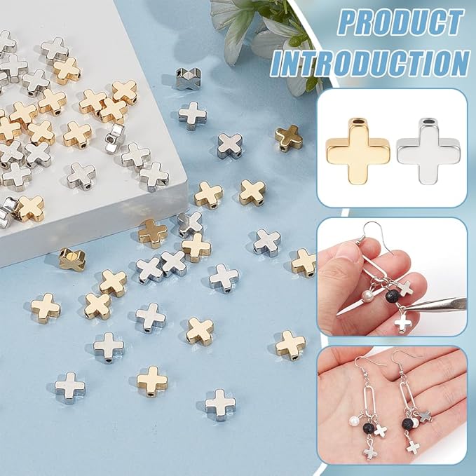 BENECREAT 60Pcs 18K Gold Plated & Platinum Plated Cross Spacer Bead, Brass Crucifix Beads Metal Loose Spacer Beads Jewelry Findings for Earring Bracelet Necklace Jewelry Making
