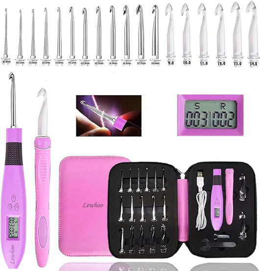 lewhoo 18 size counting light up crochet hook,digital crochet hooks with stitch counter,lighted metal crochet needle with case