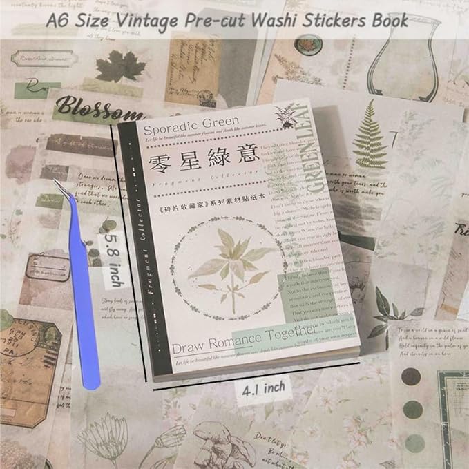 40 Sheets Nature Themed Washi Stickers Book for Adults, 180pcs Botanical Plant Stickers with 20 Adhesive Aesthetic Papers Ephemera for Bullet Junk Journaling Scrapbook Supplies