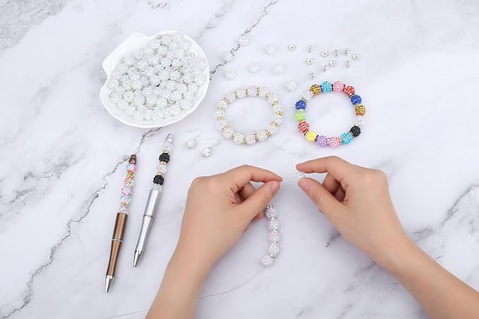 LAIDANLA 250pcs 12mm White Rhinestone Beads and 8mm Silver Rondelle Spacer Beads for Beadable Pens, Sparkly Shamballa Disco Baseball Bead for DIY Bracelets Necklaces Earring Craft