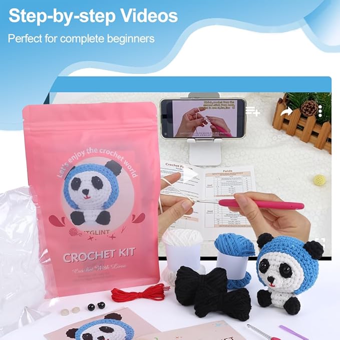 Autglint Panda Crochet Kit for Beginners, Learn to Crochet Starter Kit with Pre-Started Yarn & Easy-to-Follow Video Tutorials, DIY Amigurumi Animal Kit for Adults Kids Gift