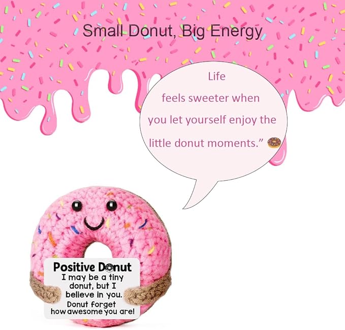 Handmade Crochet Positive Donut Plush Doll - Cute Knitted Sweet Treat Stuffed Toy with Inspirational Quote Card, Unique Encouragement Gift for Friends, Family, Self-Care