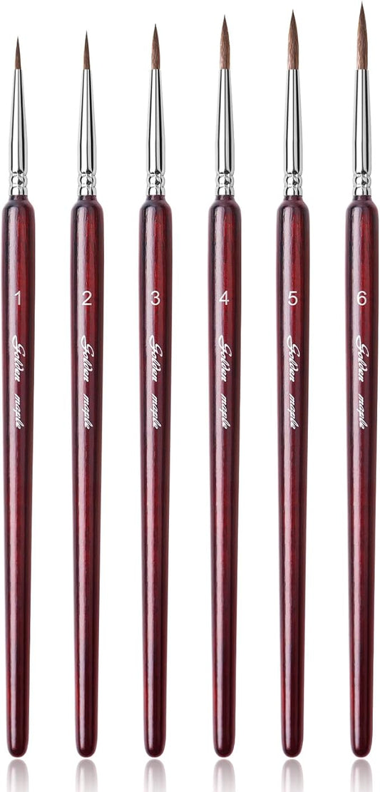 Professional Sable Hair Detail Paint Brush Set - 6 Miniature Art Brushes for Fine Detailing & Art Painting - Acrylic, Watercolor, Oil - Miniatures, Models, Red