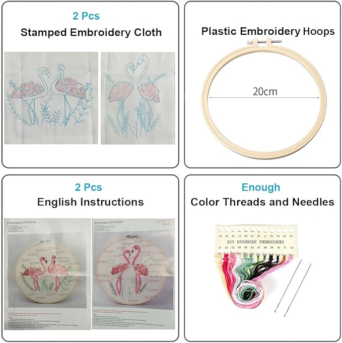 konrisa flamingo embroidery kit for beginners with pattern floral stamped full range of embroidery starter kit for adults cross stitch kit with embroidery cloth, hoops, color thread and tools,set of 2