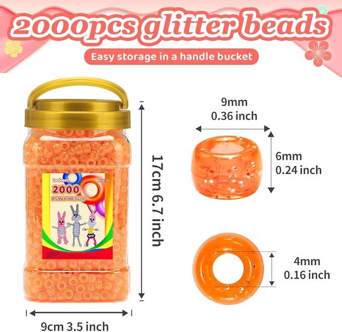 iooleem pony beads(2000pcs orange glitter pony beads), beads for bracelets making, crafts, beading supplies, friendship bracelets making.