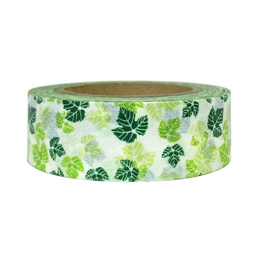 Wrapables Colorful Patterns Washi Masking Tape, Green Maple Leaves