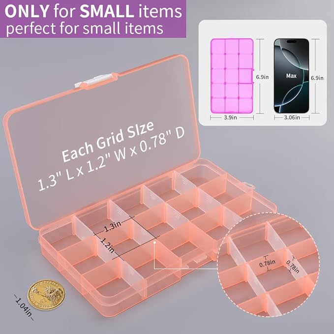 Opret 15 Girds SMALL Jewelry Organizer Earring Storage(4 Pack), Bead Organizer Box, Plastic Container with Adjustable Dividers for Crafts Jewelry Screws Fishing Tackles Small Items, Size 6.9×3.9×0.9in