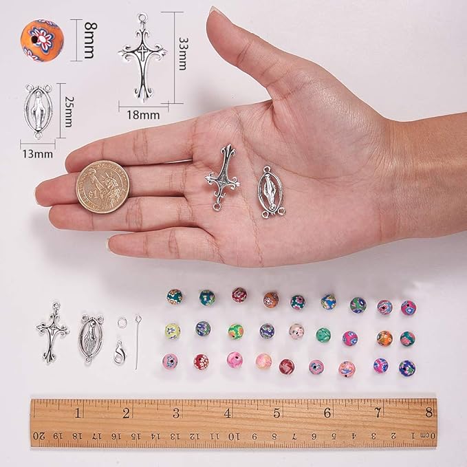SUNNYCLUE 1 Box DIY 1 Set 8mm Polymer Clay Bead Rosary Necklace Bracelet Making Kit Alloy Jewelry Making Kit for Adults Beginners