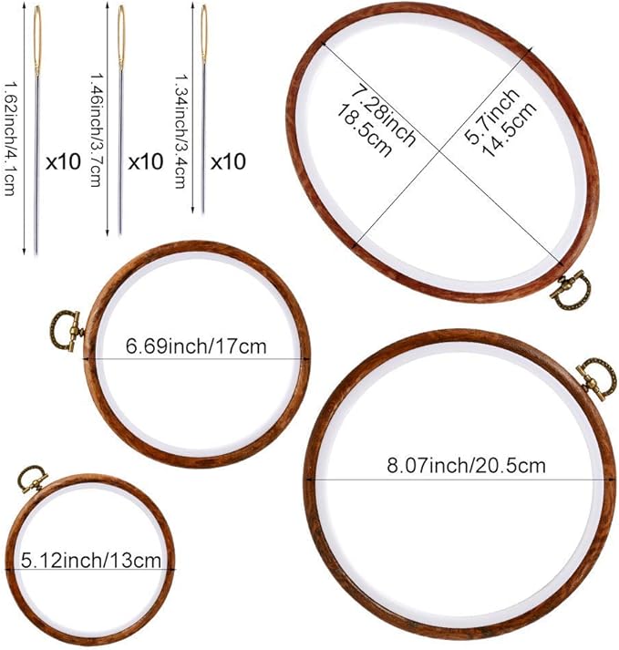 4 pack oval embroidery hoops, imitated wood display frame circle and oval embroidery kits with 30 pieces large eye embroidery needles, quilting hoop and cross stitch supplies for sewing and wall hang