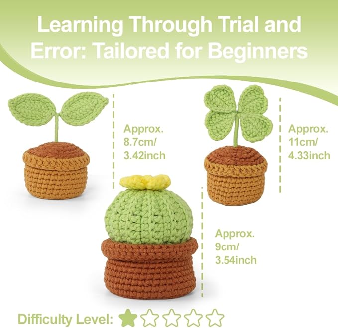 Autglint Potted Plant Crochet Kit for Beginners, Learn to Crochet Starter Kit with Pre-Started Yarn & Easy-to-Follow Video Tutorials, DIY Amigurumi Animal Kit for Adults Kids Gift
