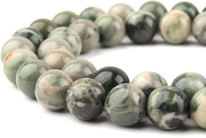 Natural Stone Beads Gemstone Beads for Jewelry Making - 8mm Round Loose Beads for Bracelets(44-47pcs, Green Woodgrain Stone)