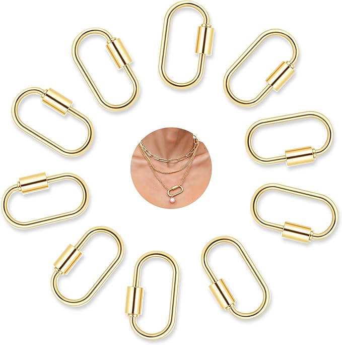 10pcs Small Locking Charms, Screw Carabiner Lock Charms Metal Oval Keyring Holder Clasp Carabiner Necklace Clasps Gold Keychain Clip for DIY Jewelry Making Handbag Accessory(Gold)