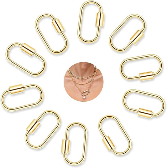 10pcs Small Locking Charms, Screw Carabiner Lock Charms Metal Oval Keyring Holder Clasp Carabiner Necklace Clasps Gold Keychain Clip for DIY Jewelry Making Handbag Accessory(Gold)