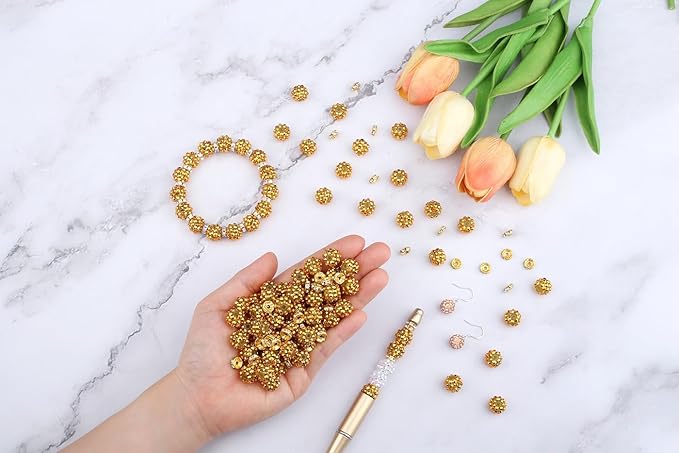 LAIDANLA 250pcs 12mm Gold Rhinestone Beads and 8mm Rondelle Spacer Beads for Beadable Pens, Sparkly Shamballa Disco Baseball Bead for DIY Jewelry Making, Bracelets, Necklaces, Earring Craft