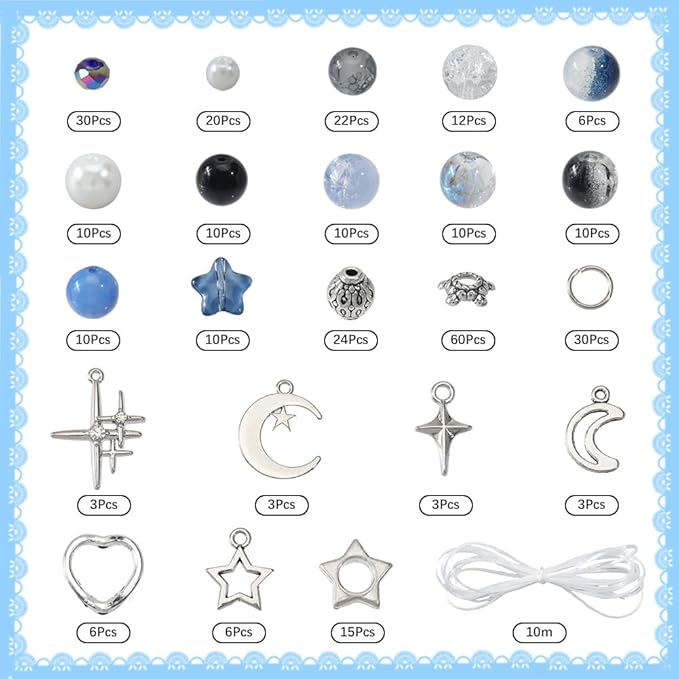 SUNNYCLUE 1 Box 314Pcs DIY 6 Sets Bracelets Making Kit Moon and Star Charms Crescent Stars Bead Blue Faceted Glass Imitation Pearl Loose Spacer Beads for Jewelry Making Kits Adult Women Gifts