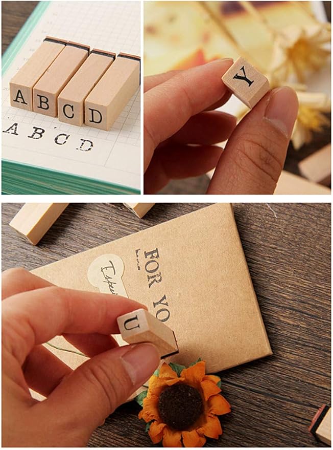 Alphabet Stamps Set,Vintage Wooden Rubber A-Z Letters and Numbers Diary Stamp Kit for Children DIY Scrapbooking Planner Card Making(36pcs)