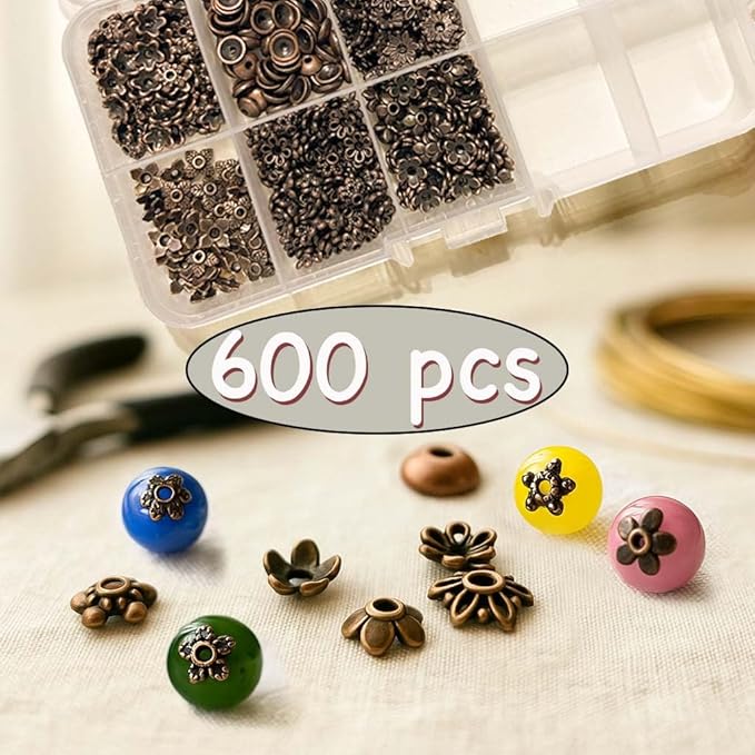 Sparkling Charms Antique Spacer Bead Caps – Mixed Bali & Tibetan Style Metal End Caps for Jewelry Making, Fits 8–14mm Beads, Copper Finish for Bracelets Necklaces Earrings DIY Crafts (Copper, 600pcs)