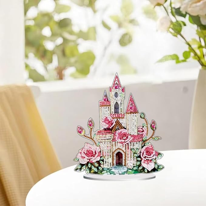 hyzsj DIY Diamond Desktop Ornament Castle Pink,Crystal Diamond Art Painting Tabletop Ornaments Single Sided,Ornament for Adult Beginner Home Office Decor Crafts Gift
